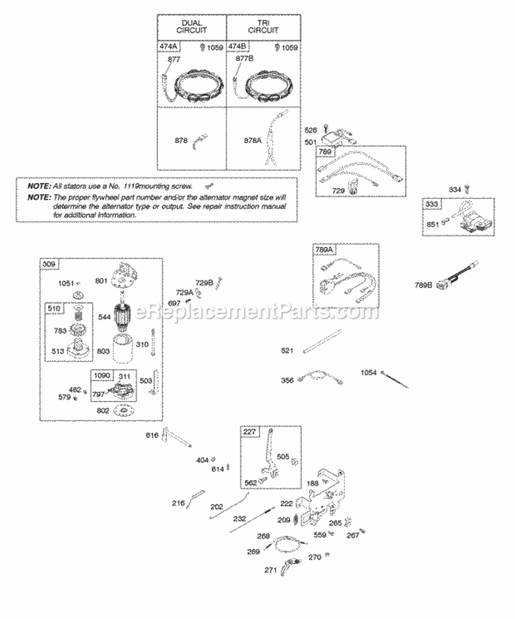 Alternator Controls Electric Starter Ignition Spring-Governor Diagram and Parts List for 283H07-0105-E1  Briggs and Stratton Engine